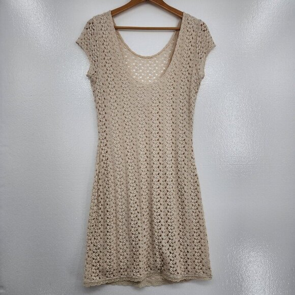 Free People Ivory Crochet Gypsy Boho Scoop Midi Sheath Dress Size Large - Picture 9 of 13